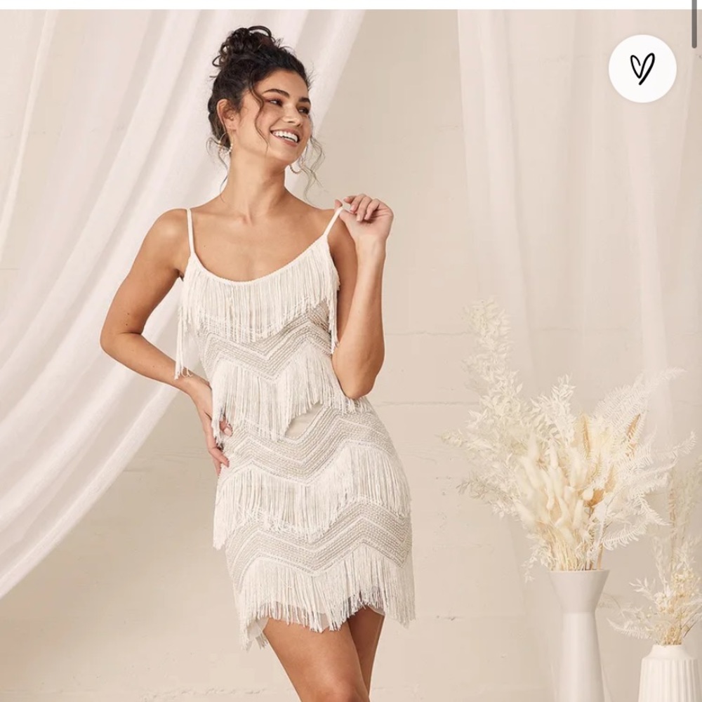 Shake it Off White Sequin Fringe Sleeveless Mini Dress